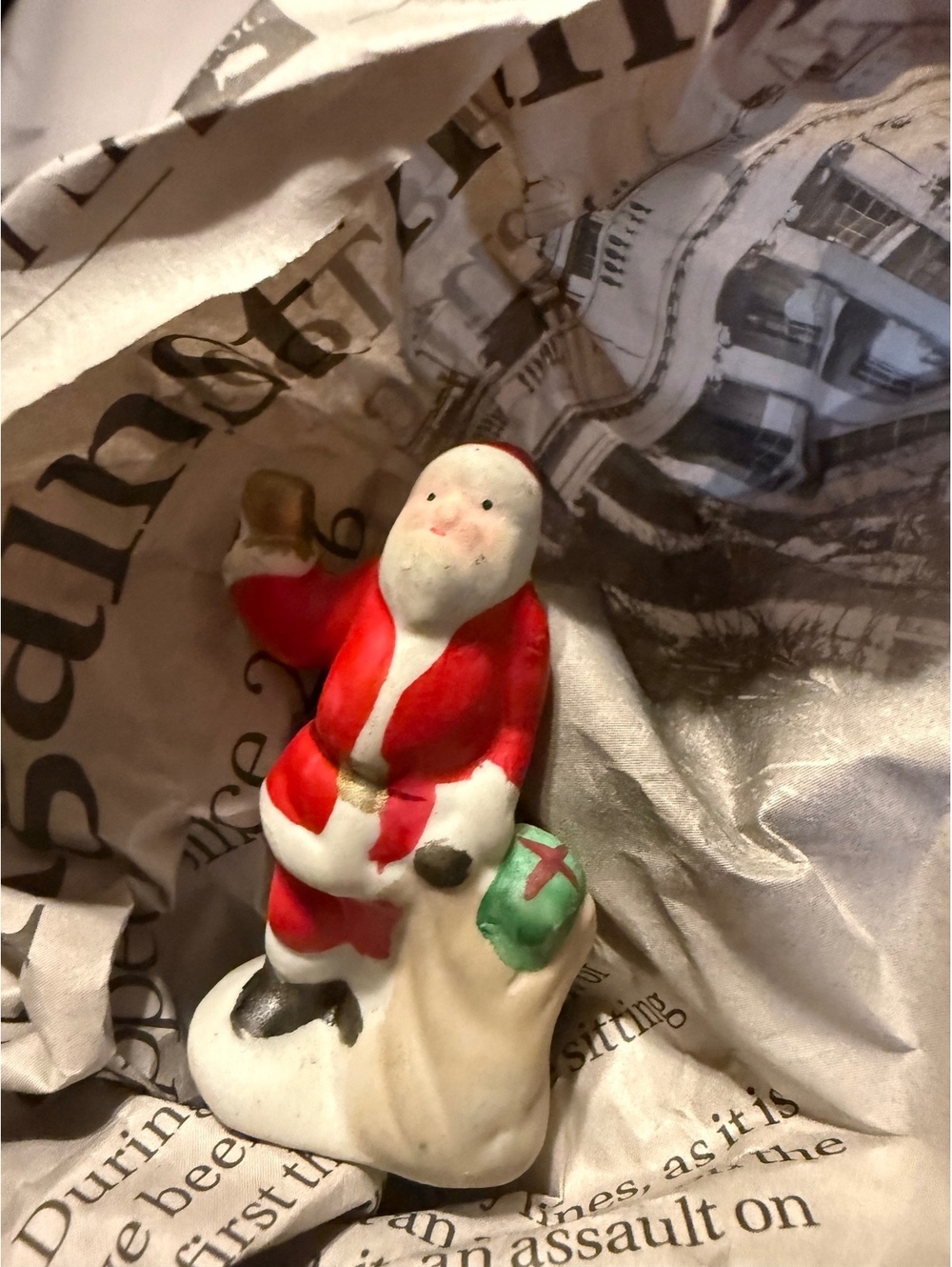 Vintage Lemax Ceramic Santa Claus Figurine with Gift Bag